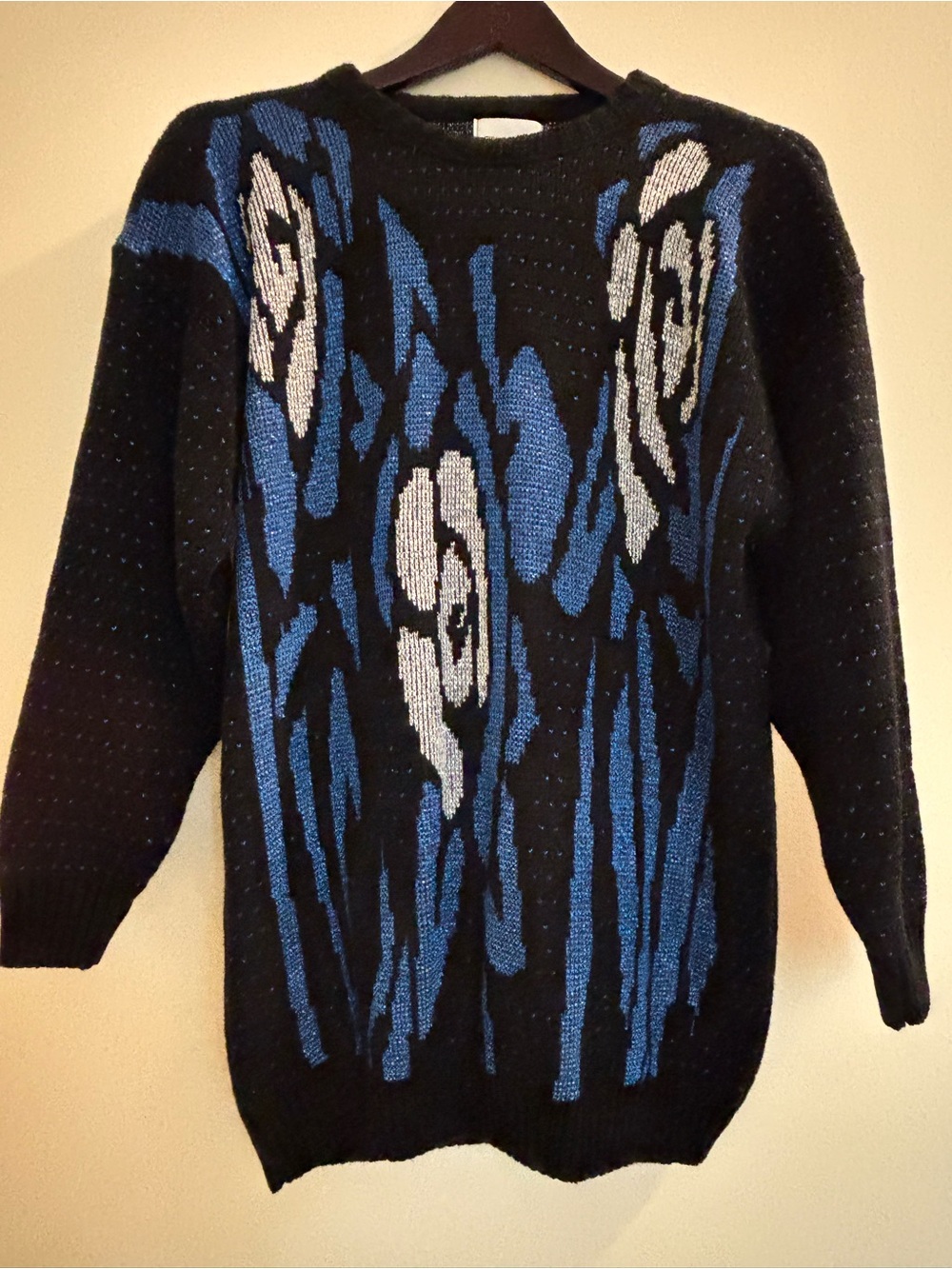 Vintage 80s Black Floral Crewneck Sweater with Blue and White Motif